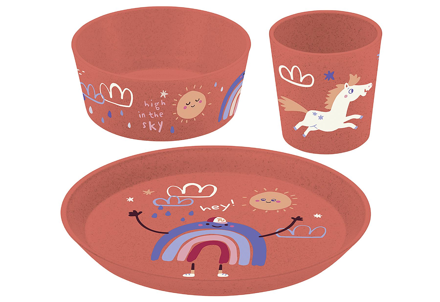 KOZIOL Kleiner Teller + Schale + Becher, CONNECT DREAMS organic coral red